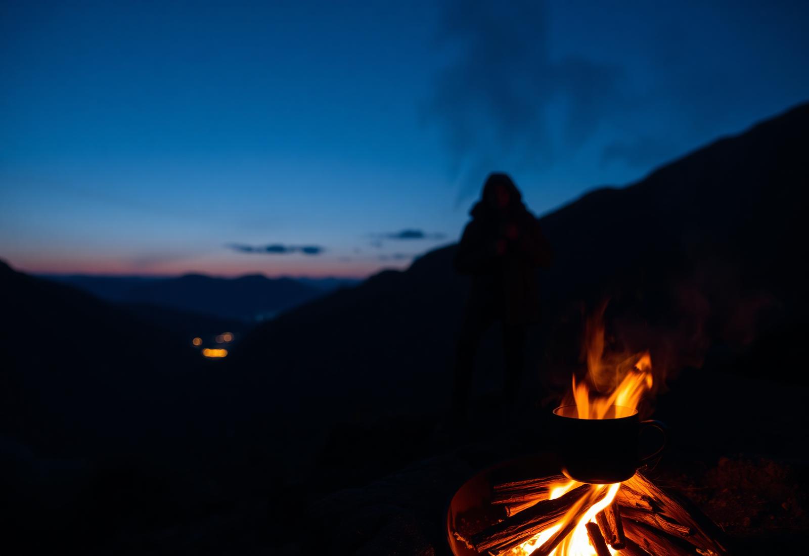 Campfire glowing at dusk with mug and Welsh mountains in the background